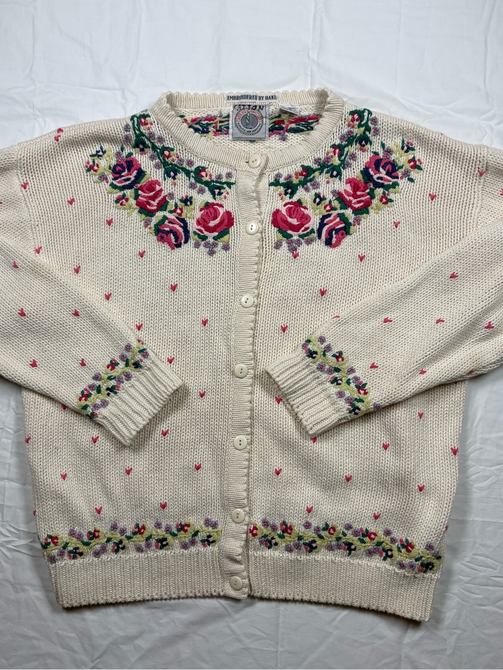 Vintage Cape Isle Knitters Hand Embroidered Floral Crewneck Cardigan - Cream